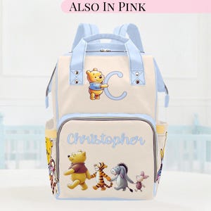 Winnie the Pooh Diaper Bag Custom Monogram Diaper Backpack Baby Shower Gift Baby Blue Winnie Pooh Waterproof Mommy Bag Boy Gift Idea Blue