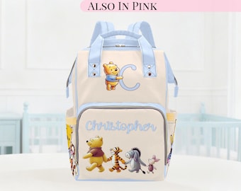 Winnie the Pooh Diaper Bag Custom Monogram Diaper Backpack Baby Shower Gift Baby Blue Winnie Pooh Waterproof Mommy Bag Boy Gift Idea Blue