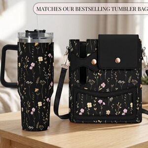 Stainless Steel Travel Mug 40oz Insulated Tumbler With Handle Straw Wildflower Black Design Large Capacity Beverage Container Perfect Commute Companion Hot Cold Drink Holder Portable Grip Handle Botanical Pattern Design Daily Hydration