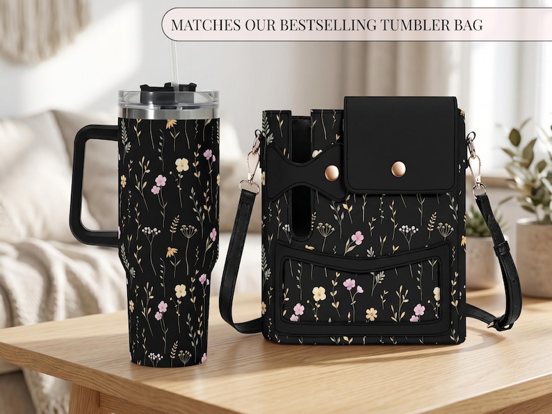 Stainless Steel Travel Mug 40oz Insulated Tumbler With Handle Straw Wildflower Black Design Large Capacity Beverage Container Perfect Commute Companion Hot Cold Drink Holder Portable Grip Handle Botanical Pattern Design Daily Hydration