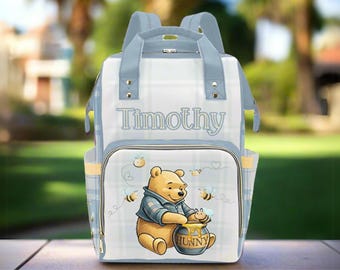 Personalized Winnie the Pooh Bag Backpack Diaper Bag Baby Shower Gift Waterproof Mommy Pack Blue Boy Gifting Newborn Travel Organizer Custom