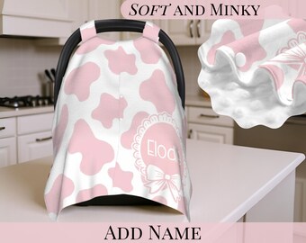 Car Seat Cover Personalized Cow Print Girl Baby Seat Canopy Soft Dot Blanket Custom Baby Name Girl Gift Cowboy Baby Shower Gift New Mom Idea