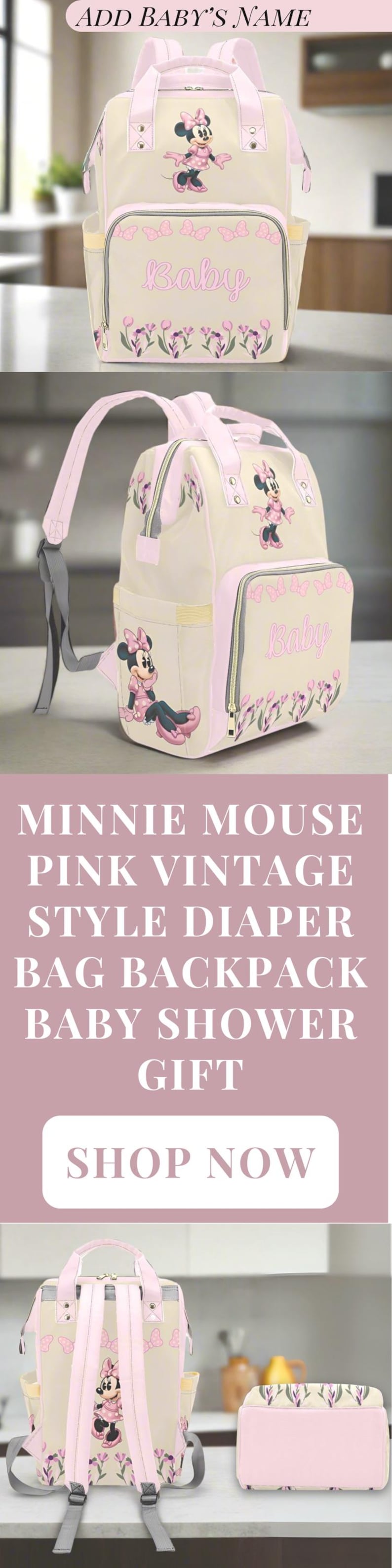 Minnie Mouse Pink Diaper Bag Personalized Baby Name Diaper Backpack Girl Pink Baby Shower Gift Waterproof Mommy Bag Backpack Gifting Idea