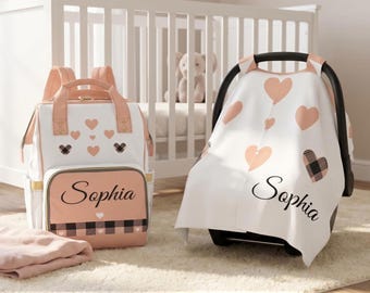 Plaid Girl Baby Shower Gift Diaper Bag Peach Gray Black Custom Baby Name Personalized Girl Baby Gift Diaper Backpack Mommy Bag Gifting Idea