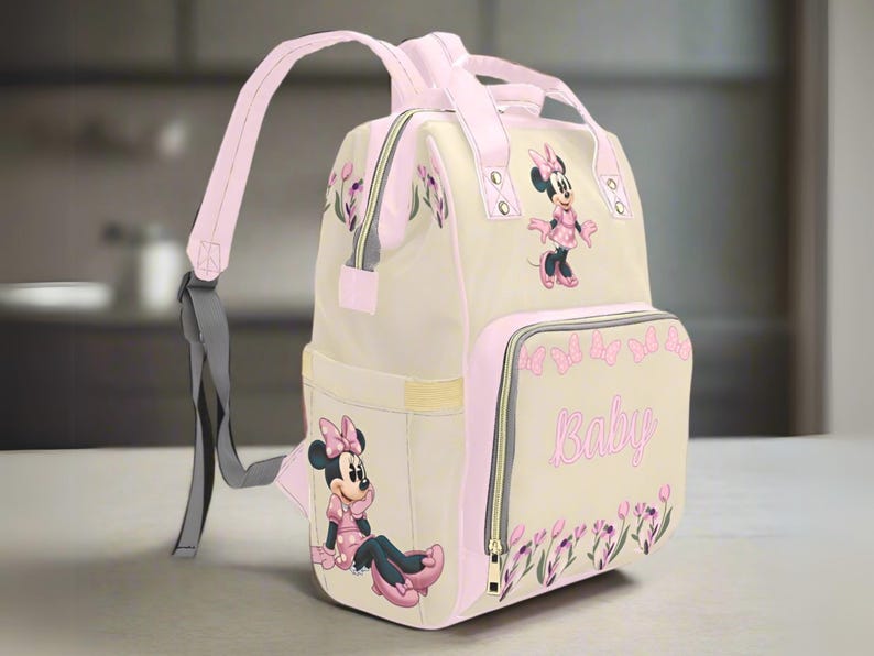 Minnie Mouse Pink Diaper Bag Personalized Baby Name Diaper Backpack Girl Pink Baby Shower Gift Waterproof Mommy Bag Backpack Gifting Idea