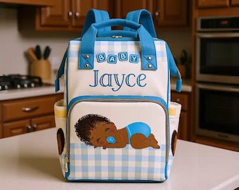 African American Boy Custom Diaper Bag Baby Shower Gift Blue Diaper Backpack Personalized Mommy Bag Baby Gift Backpack Blue Plaid Diaper Bag