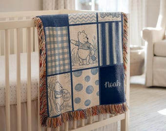 Winnie the Pooh Blue Toile Woven Blanket Personalized Boy Name Gift Idea Throw Blanket Custom Baby Name Gifting Idea Birthday Gift for Boy