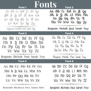 May include: A display of six different font styles, each showcasing the alphabet in uppercase and lowercase. The fonts vary in style, from elegant cursive to bold sans-serif. The text "Fonts" is at the top.