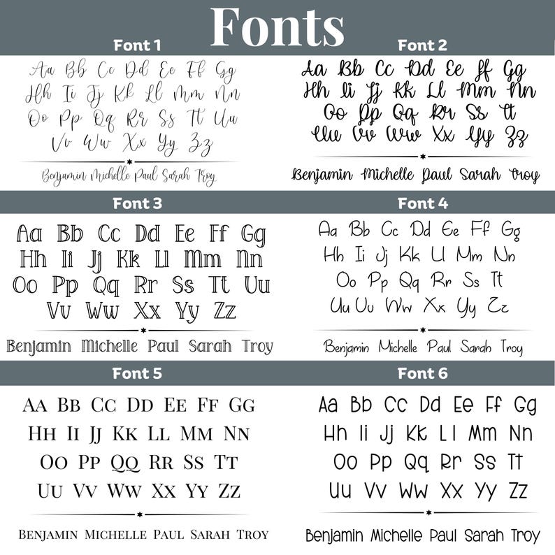 May include: A display of six different font styles, each showcasing the alphabet in uppercase and lowercase. The fonts vary in style, from elegant cursive to bold sans-serif. The text "Fonts" is at the top.