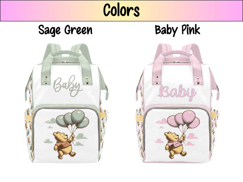 May include: Two Winnie the Pooh diaper bags, one in sage green and one in baby pink. Both bags feature a white background with a Winnie the Pooh illustration holding balloons and the word "Baby" in a script font.