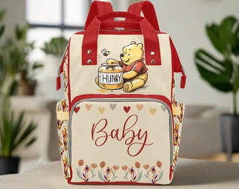 Personalized Diaper Bag - Pooh Bear and Tigger Red and Tan Diaper Bag Backpack - Gender Neutral Waterproof Mommy Bag Backpack
