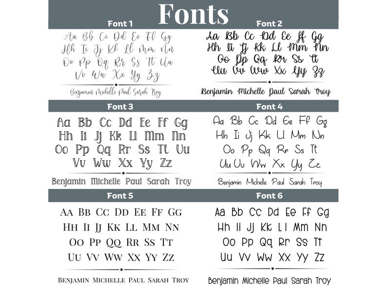 Peut inclure: Image pr&eacute;sentant six polices de caract&egrave;res diff&eacute;rentes, chacune avec l'alphabet en majuscules et minuscules. Le mot "Fonts" est en haut. Chaque police est num&eacute;rot&eacute;e et comprend un exemple de nom.