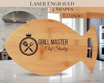 Engraved Cutting Board Dad Gift Grill Master Fish Custom Name Gift for Him Butcher Board Rectangle Cow and Round Shape Personalized Board