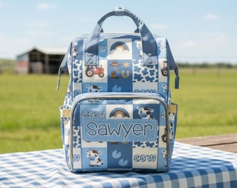 Baby Bag Western Personalized Boy Diaper Backpack Custom Diaper Bag Cow Baby Shower Gift Cow Print Diaper Bag Blue Mommy Bag Boy Diaper Bag