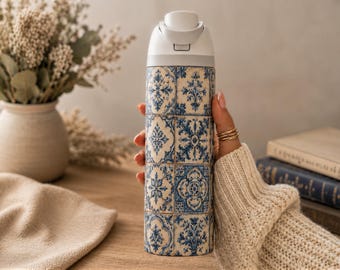 Portuguese Tile Bottle Dual Spout Insulated Tumbler 32oz Capacity Stainless Steel Vacuum Insulated Ceramic Pattern Water Container Leak