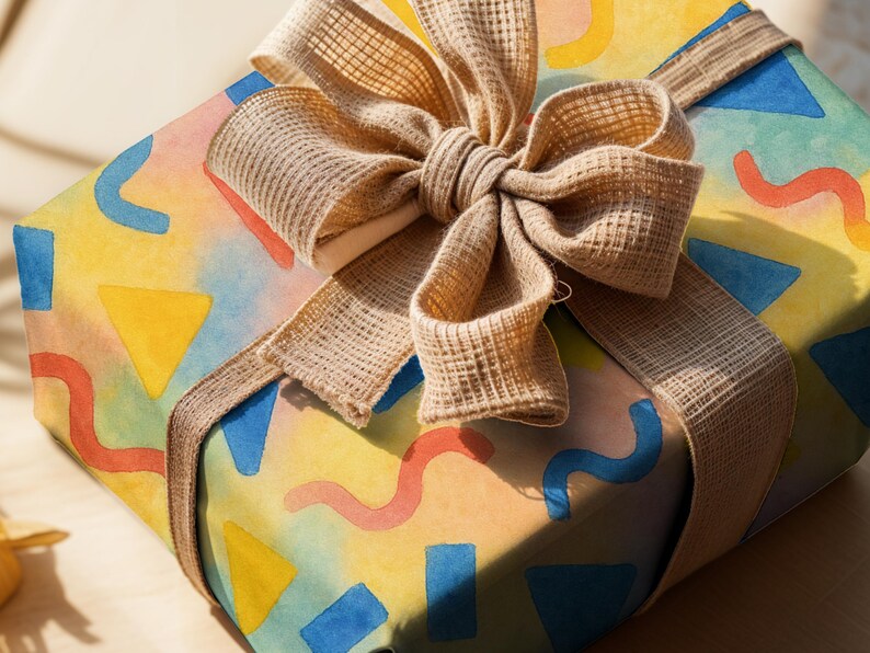 Kids Birthday Gift Wrap Vibrant Colorful Wrapping Paper Festive Celebration Sheet Geometric Pattern Design Yellow Blue Colors Eco Friendly Wrapping Supplies Custom Eclectic Style Matte Finish Paper Kids Party Celebration Gift Wrap