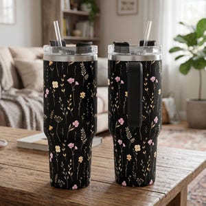 Wildflower Black Tumbler with Handle Straw Included Insulated Coffee Cup 40oz Stainless Steel Travel Mug Large Capacity Beverage Container image 10