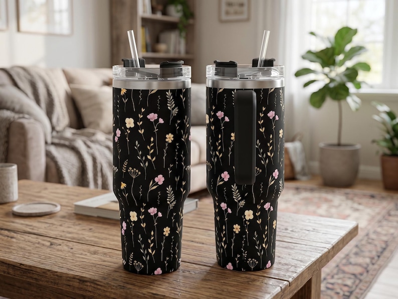 Wildflower Black Tumbler with Handle Straw Included Insulated Coffee Cup 40oz Stainless Steel Travel Mug Large Capacity Beverage Container image 10