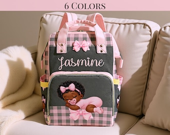 Personalized Girl Diaper Backpack Custom Baby Name Baby Shower Gifting Idea Custom Mommy Bag Black Girl Backpack Personalized Bag Pink Bow
