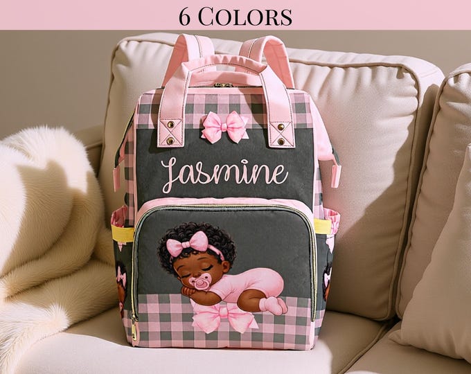 Personalized Girl Diaper Backpack Custom Baby Name Baby Shower Gifting Idea Custom Mommy Bag Black Girl Backpack Personalized Bag Pink Bow