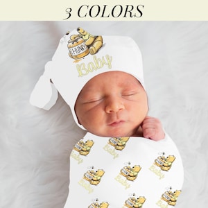 Custom Name Baby Gift Personalized Winnie the Pooh Baby Blanket Baby Gift Set Gender Neutral Baby Shower Gift Set Hat & Blanket Gift Idea