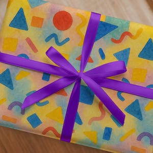 Eco Friendly Wrapping Paper Festive Birthday Gift Wrap Colorful Geometric Pattern Sheet Kids Celebration Supplies Yellow Blue Design Custom Eclectic Style Vibrant Colors Matte Finish Paper Kids Birthday Party Wrapping Anniversary Gift