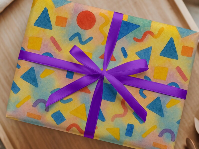 Eco Friendly Wrapping Paper Festive Birthday Gift Wrap Colorful Geometric Pattern Sheet Kids Celebration Supplies Yellow Blue Design Custom Eclectic Style Vibrant Colors Matte Finish Paper Kids Birthday Party Wrapping Anniversary Gift