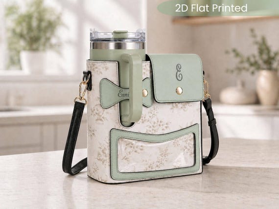 Tumbler Bag Crossbody Water Bottle Holder Personalized Gift Women Sage Green Bag Monogram Cup Holder Travel Accessory Vegan Leather Drink