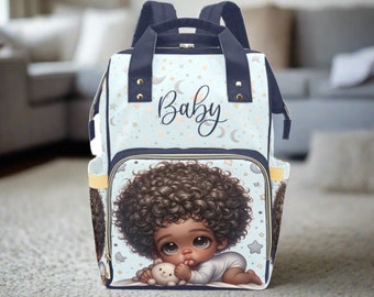 Personalized Diaper Bag Backpack African American Boy in Pajamas and Teddy Bear Diaper Backpack Baby Shower Gift Waterproof Diaper Backpack