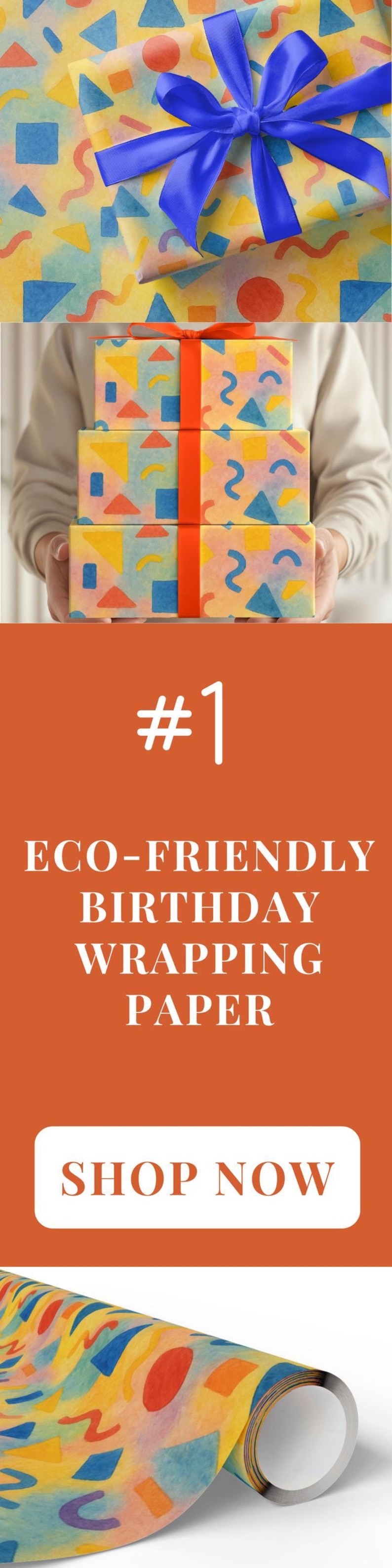 Birthday Wrapping Paper Colorful Gift Wrap Kids Celebration Sheet Eco Friendly Unique Custom Eclectic Pattern Yellow Blue Geometric Festive image 15