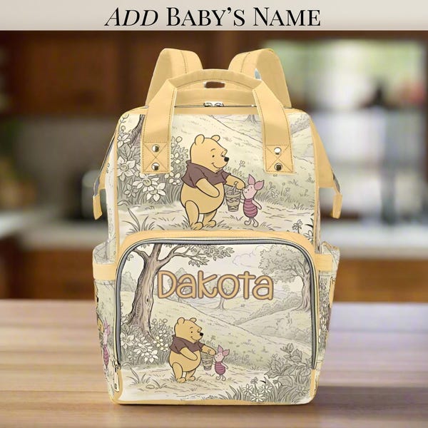 Winnie the Pooh and Piglet Personalized Diaper Bag Backpack Vintage Inspired Baby Shower Gift Waterproof Mommy Bag Backpack Gifting Idea