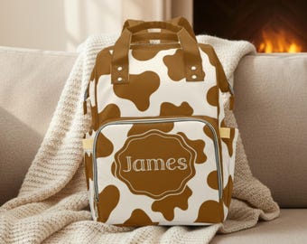 Boy Baby Bag Custom Boy Baby Name Personalized Diaper Backpack Bag Cow Baby Shower Gift Cow Print Diaper Bag Brown Mommy Bag Boy Diaper Bag