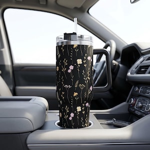 Wildflower Black Tumbler with Handle Straw Included Insulated Coffee Cup 40oz Stainless Steel Travel Mug Large Capacity Beverage Container image 9