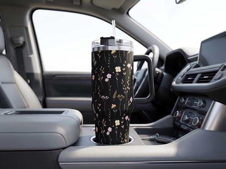 Wildflower Black Tumbler with Handle Straw Included Insulated Coffee Cup 40oz Stainless Steel Travel Mug Large Capacity Beverage Container image 9