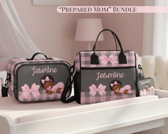 Prepared Mom Bundle Gift Set Personalized Black Girl Custom Baby Name Stroller Bag Bottle Bag and Pacifier Pouch In Plaid & Bow New Mom Gift