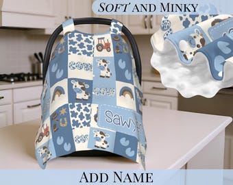 Car Seat Cover Personalized Cow Pattern Boy Baby Seat Canopy Soft Dot Blanket Custom Baby Name Boy Gift Cowboy Baby Shower Gift New Mom Idea