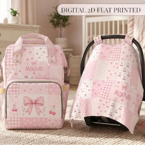 Baby Bag Pink Mommy Bag Personalized Backpack Custom Diaper Bag Girl Baby Shower Gift Patchwork Diaper Bag Coquette Design Bow Print Set