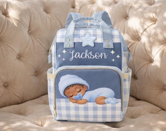 Boy Diaper Bag Backpack Custom Baby Name Black Baby Boy Baby Shower Gift Blue Ethnic Personalized Mommy Bag Baby Gift Plaid Diaper Bag