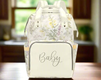 Girl Floral Diaper Bag Backpack Personalized Baby Bag Wildflowers Yellow Toile New Mom Gift Baby Shower Girl Diaper Bag Floral and Bows
