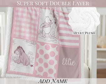 Winnie the Pooh Pink Toile Plush Blanket Personalized Girl Name Gift Idea Throw Blanket Custom Baby Name Gifting Idea Birthday Gift for Girl