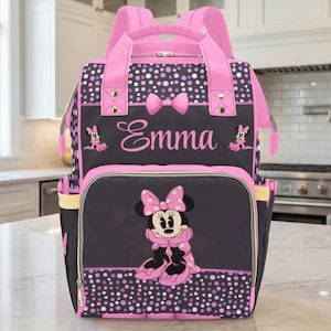 Diaper Bag Backpack Personalized Bags Baby Gift Waterproof Mommy Organizer Pink Polka Dot Minnie Mouse Baby Shower Gift Custom Name Newborn