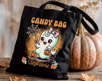 Halloween Candy Bag Cute Ghost With Sucker Personalized Trick or Treat Tote Bag Halloween Gift Custom Kids Name Gift Cotton Canvas Tote Bag