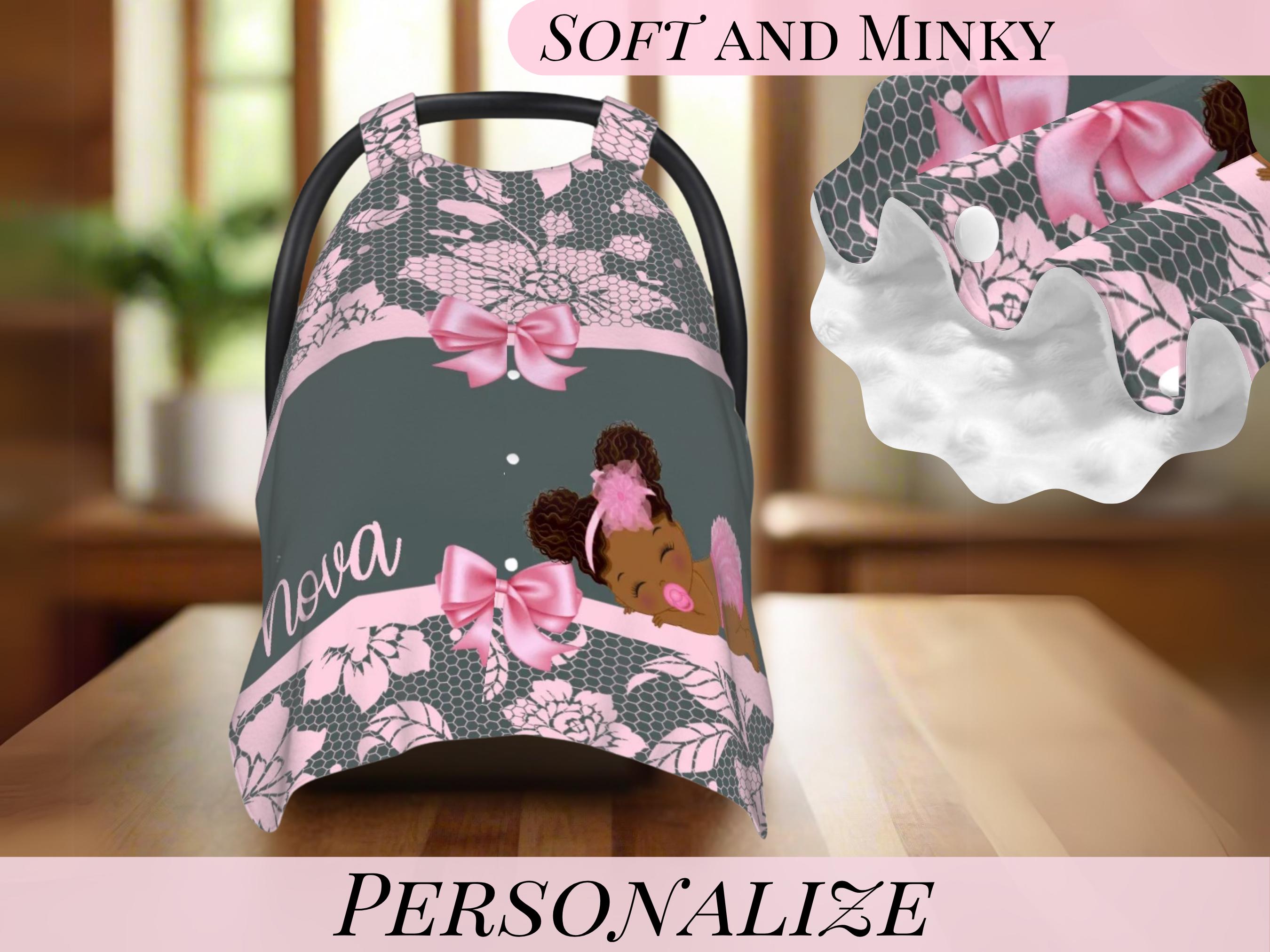Black Baby Girl Car Seat Cover Personalized Seat Canopy Soft Dot Blanket Design Custom Baby Name Gift Baby Shower Gift New Mom Gifting Idea