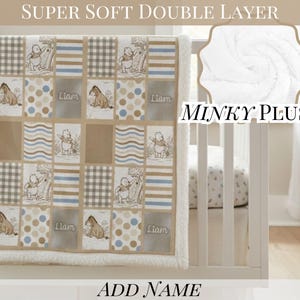 Plush Blanket Personalized Winnie the Pooh Tan and Blue Toile Boy Name Gift Idea Throw Blanket Custom Baby Name Gifting Idea Birthday Boy