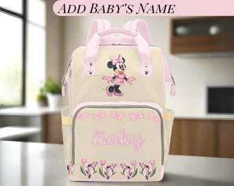 Minnie Mouse Pink Diaper Bag Personalized Baby Name Diaper Backpack Girl Pink Baby Shower Gift Waterproof Mommy Bag Backpack Gifting Idea