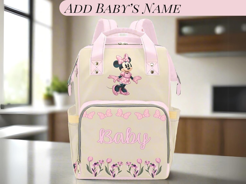 Minnie Mouse Pink Diaper Bag Personalized Baby Name Diaper Backpack Girl Pink Baby Shower Gift Waterproof Mommy Bag Backpack Gifting Idea