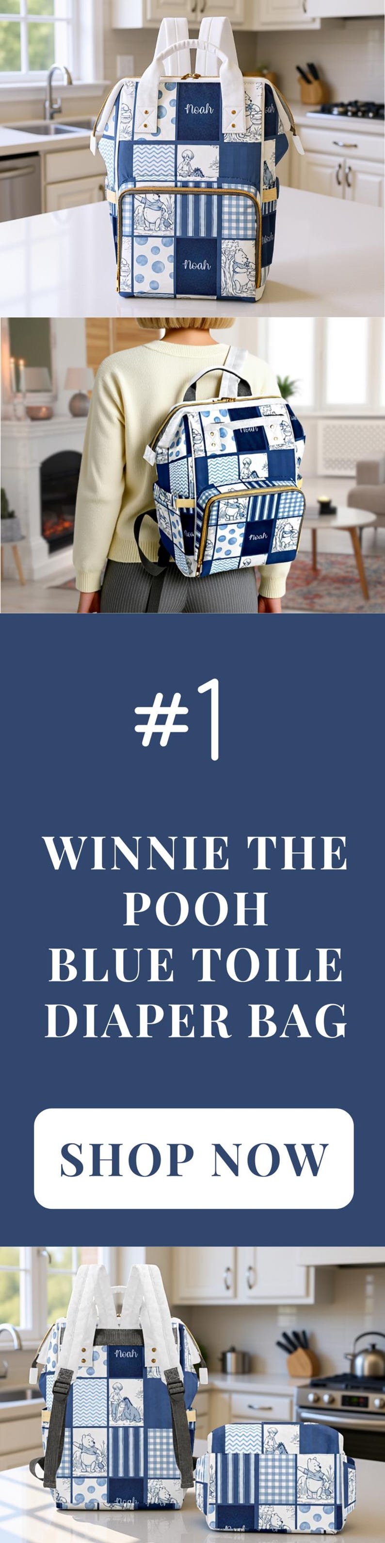 Baby Bag Winnie the Pooh Pink Girl Toile Squares Personalized Custom Diaper Bag Backpack Baby Shower Gift Mommy Bag Backpack Gifting Idea
