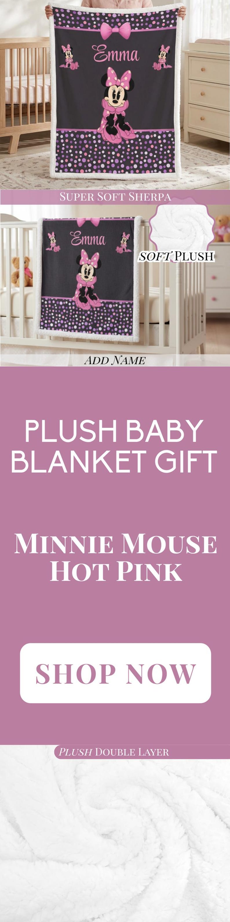 May include: A rectangular blanket featuring a dark gray center with a Minnie Mouse graphic, the name Emma, and a pink bow. The top and bottom borders have a purple and white polka dot pattern. The blanket has a white sherpa or plush backing.