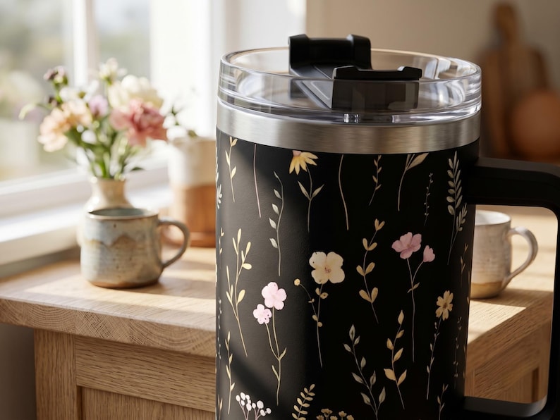 Wildflower Black Tumbler with Handle Straw Included Insulated Coffee Cup 40oz Stainless Steel Travel Mug Large Capacity Beverage Container image 7