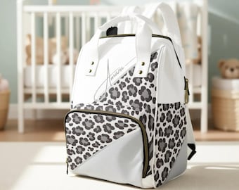 Girl Baby Bag Leopard Print Gray and White Custom Baby Name Diaper Bag Personalized Girl Baby Shower Gift Waterproof Mommy Bag Gifting Idea